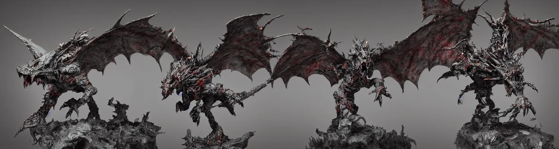 Prompt: a warhammer miniature of a zombified wyvern with huge wings. high quality. grey plastic, close - up photography. macro photo. highly detailed. undead army. octane render. shallow depth of field.