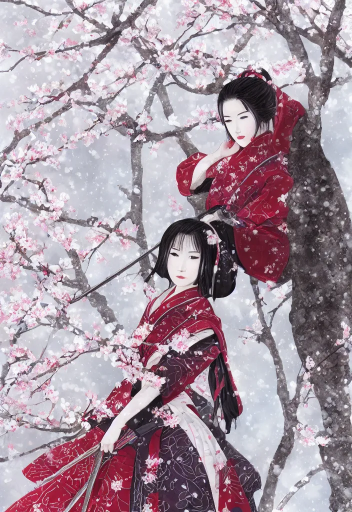 Image similar to detailed portrait of girl samurai in hakama with swords and rifles, in snow forest sakura cherry blossom, taisho roman, by wlop and krenz kushart, elite, elegant, luxury, perfect face, fine details, realistic shaded, fine - face, pretty face