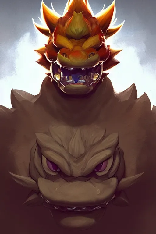 Image similar to a portrait of bowser from mario bros., fantasy, sharp focus, intricate, elegant, digital painting, artstation, matte, highly detailed, concept art, illustration, ambient lighting, art by ilya kuvshinov, artgerm, alphonse mucha, and greg rutkowski