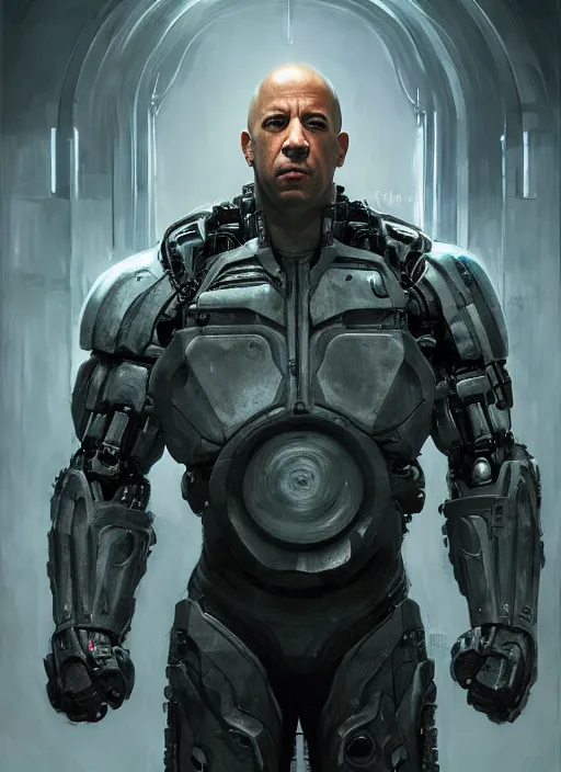 Image similar to vin diesel as victor stone, full body concept, cyborg, borg, strogg, face of a man, terminator, flesh, quake strogg, doom demon, wolfenstein, monstrous, powerful, symmetry, symmetrical, concept art by ruan jia and greg rutkowski