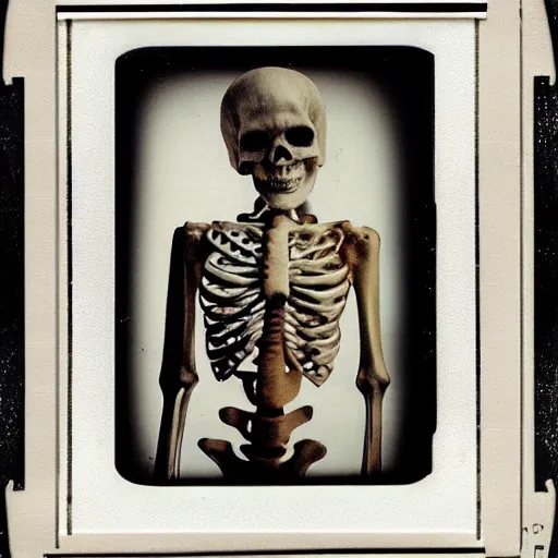 Image similar to skeleton drummer, wild, flash polaroid photo,