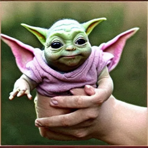 Image similar to a tiny pigmy baby yoda-Shrek Shrek Shrek hybrid in the palm of a person's hand, super cute