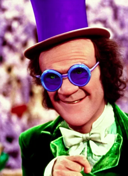 Image similar to “Film still close-up shot of David Letterman as Willy Wonka from the movie Willy Wonka & The Chocolate Factory. Photographic, photography, cinematic”