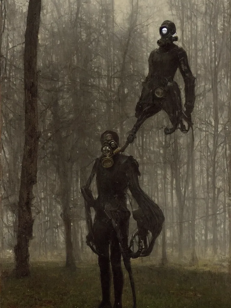 Prompt: an incredibly tall man dressed entirely in latex and wearing a gas mask standing in the grounds of an enormous stately mansion at dusk, john william waterhouse, michael alford, jeremy mann