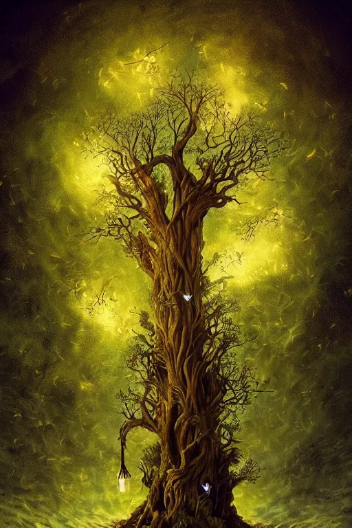 Prompt: a beautiful digital illustration painting of a detailed gothic fantasy fireflies and roots, fantasy tree with heart carved into the bark by benoit b. mandelbrot, steven belledin, martin johnson heade, lee madgwick, caspar david friedrich, and david rios ferreira. 8 k resolution trending on artstation concept art digital illustration