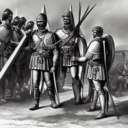 Prompt: a roman soldier in front of his army, ancient rome, digital art, steal armors