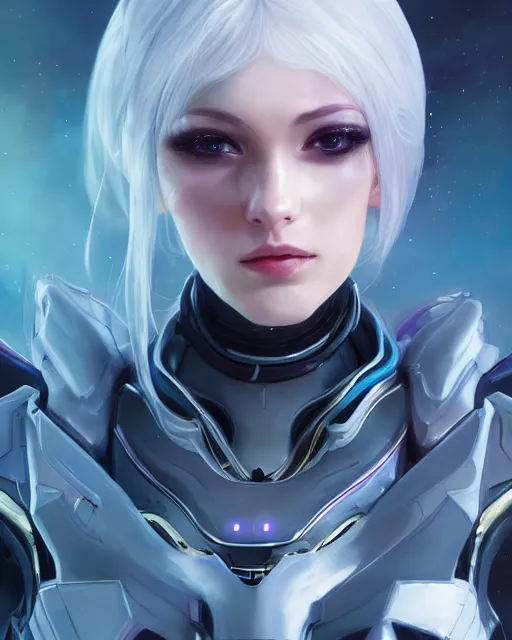 Image similar to perfect android girl on a mothership, warframe armor, beautiful face, scifi, futuristic, galaxy, nebula, raytracing, dreamy, long white hair, blue cyborg eyes, sharp focus, cinematic lighting, highly detailed, artstation, divine, by gauthier leblanc, kazuya takahashi, huifeng huang