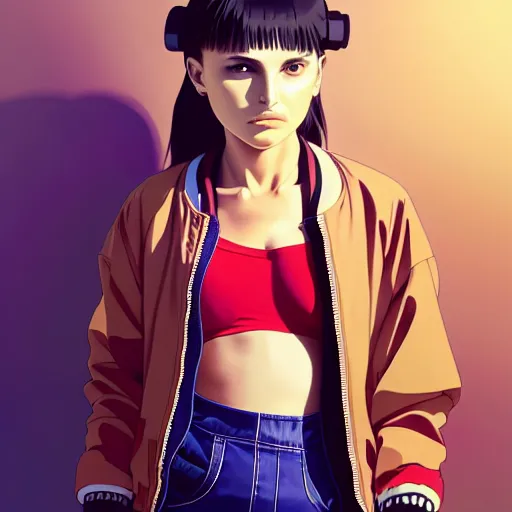 Image similar to a beautiful boyish natalie portman gravure model, wearing oversized mayan bomber jacket and leotard with overalls, bulky poofy bomber jacket with mesoamerican patterns, mesoamerican street fashion, gapmoe yandere grimdark, trending on pixiv fanbox, painted by greg rutkowski makoto shinkai takashi takeuchi studio ghibli, akihiko yoshida