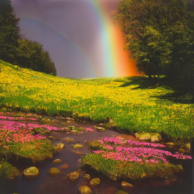 Prompt: very beautiful polaroid photo of a flower meadow by a stream on a sunny day with double rainbow