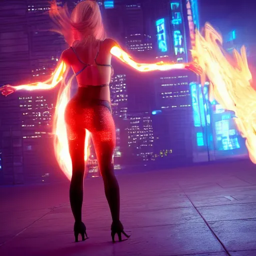 Image similar to young blonde woman from behind with flames dancing on her hands in a cyberpunk city, realistic, high definition, 4K, shimmering color, art of unreal engine 5