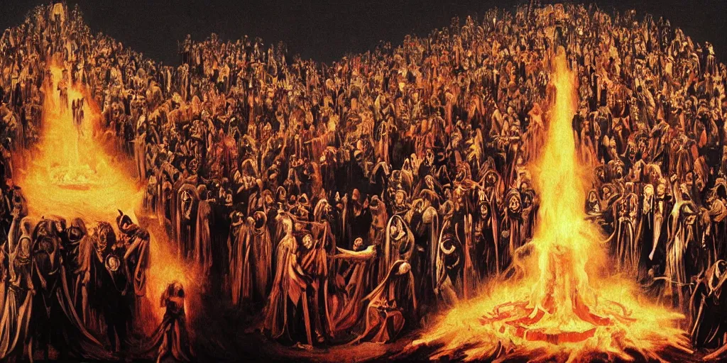 Image similar to dante's inferno painting, with people in black hooded tunic like in the film eyes wide shut of stanley kubrick, illuminati symbol, crows, skeletons, crosses, jesus, dark beauty, rotten gold, perfect faces, extremely detailed, cinema 4 d, unreal engine.
