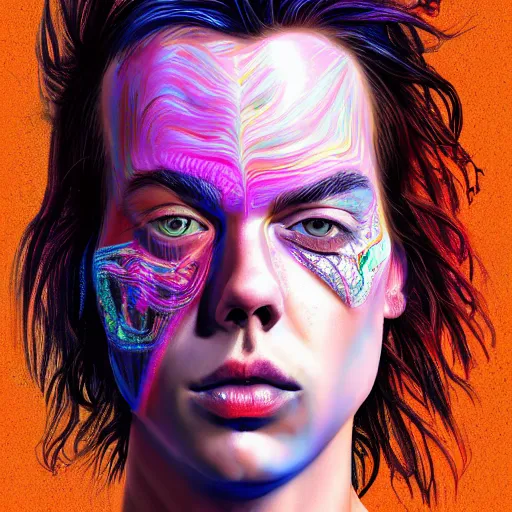 Image similar to ! dream an extremely psychedelic portrait of yungblud, surreal, lsd, face, detailed, intricate, elegant, lithe, highly detailed, digital painting, artstation, concept art, smooth, sharp focus, illustration,