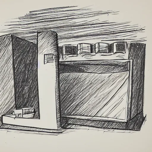 Image similar to sketch of a furnace with people around it, pen on paper simple drawing by a 1 0 year old