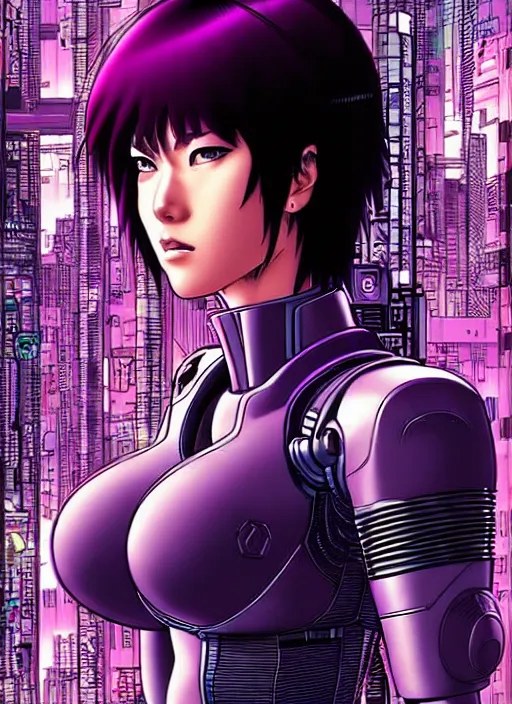 Image similar to motoko kusanagi in grungy cyberpunk megacity, intricate and finely detailed, cyberpunk vaporwave, portrait by j scott campbell, phil jimenez, ilya kuvshinov