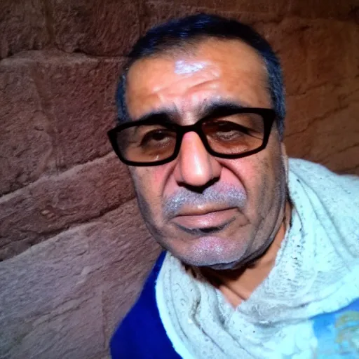 Image similar to my Kurdish dad accidentally taking a selfie with the front camera, squinting because the camera flash is so bright in his face, 4k uhd photo