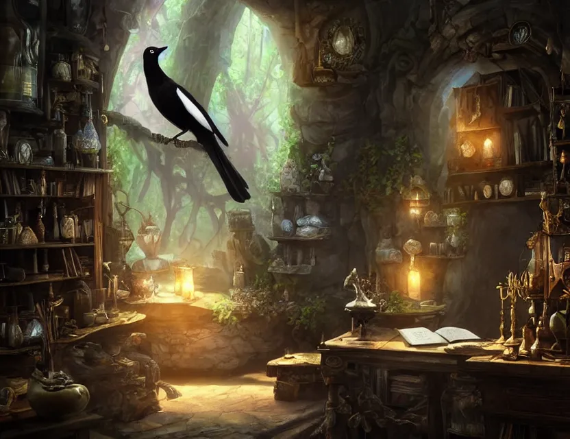 Image similar to faerie magpie in an alchemist's study. this matte painting by the award - winning concept artist has a beautiful composition, dramatic lighting and intricate details.