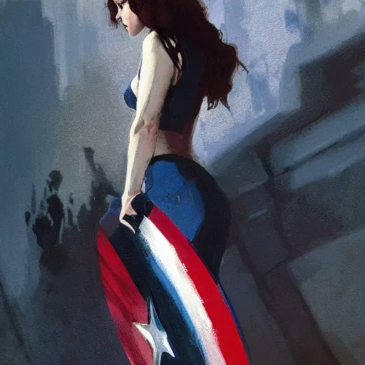 Image similar to kristen stewart as captain america, intricate, elegant, highly detailed, greg manchess, mucha, liepke, ruan jia, jeffrey catherine jones, ridley scott