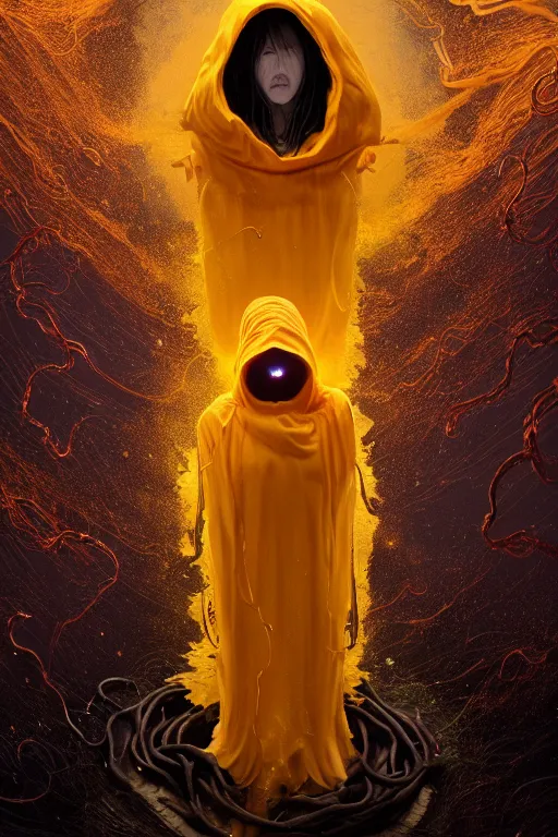 Image similar to A full body portrait of a mysterious character with no face with a very long hooded yellow cloak, a golden crown floating above his head tentacles coming out the ground art by Maciej Kuciara, Lee Griggs and Jason Chan, ominous, cosmic horror, trending on artstation, Ultra detailed, hyper realistic 4k