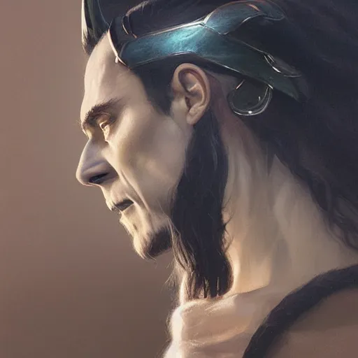 Prompt: a beautiful artwork side profile portrait of a loki with horns by greg rutkowski , featured on artstation, norse mythology, valhalla