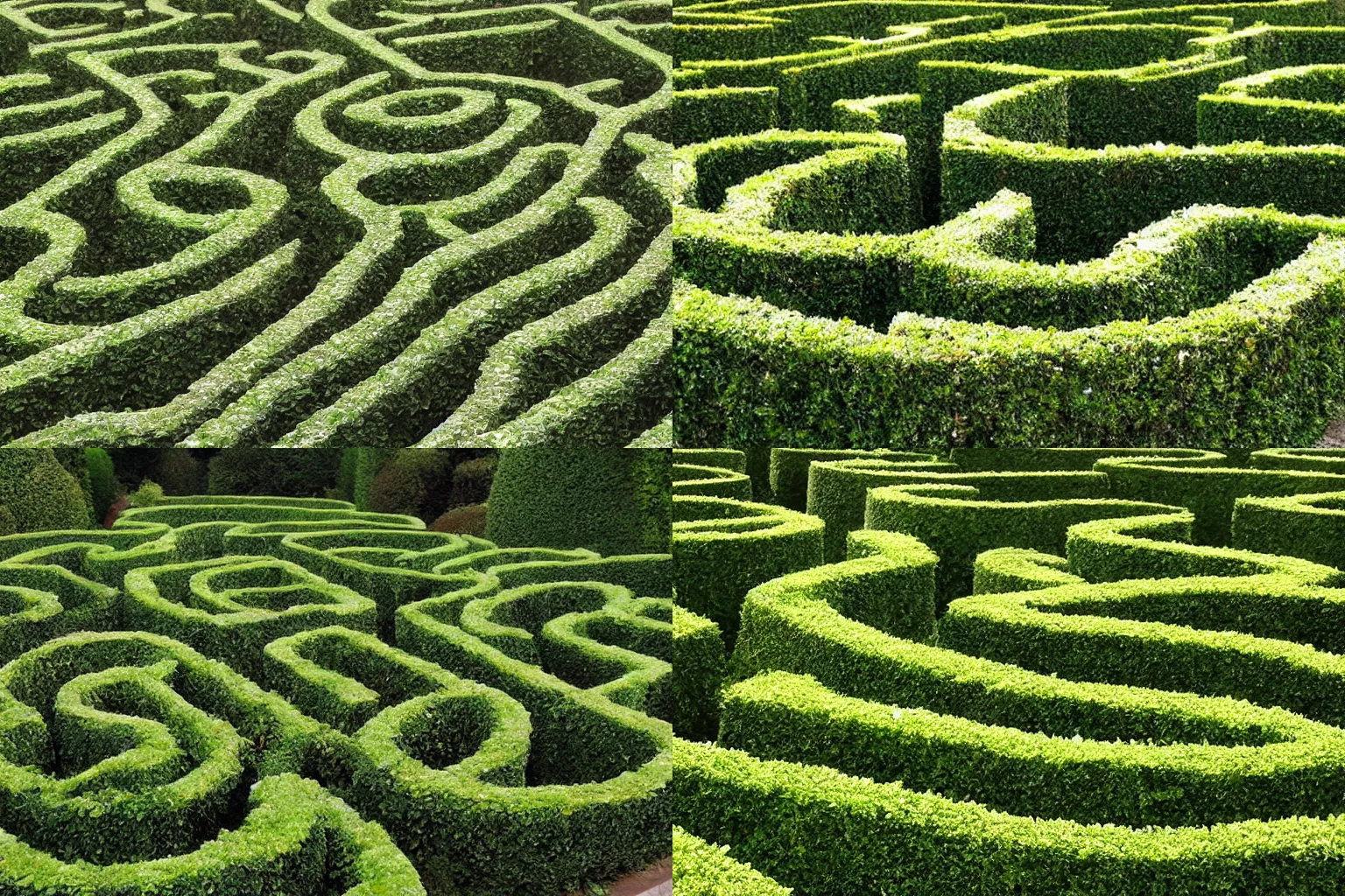 Prompt: a twisty serpentine hedge maze