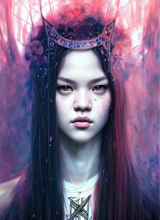 Image similar to jossi of blackpink, king, tarot card, highly detailed, digital painting, smooth, sharp focus, illustration, ultra realistic, unreal engine, 8 k, art by karol bak and agnes cecile
