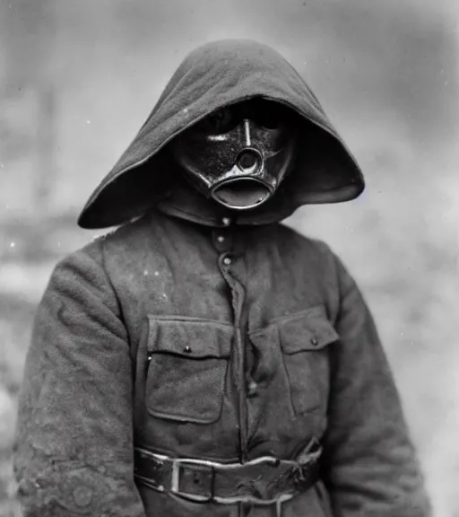 Prompt: a man at wearing iron full face hooded mask in distance, ww1 film photo, grainy, high detail, high resolution