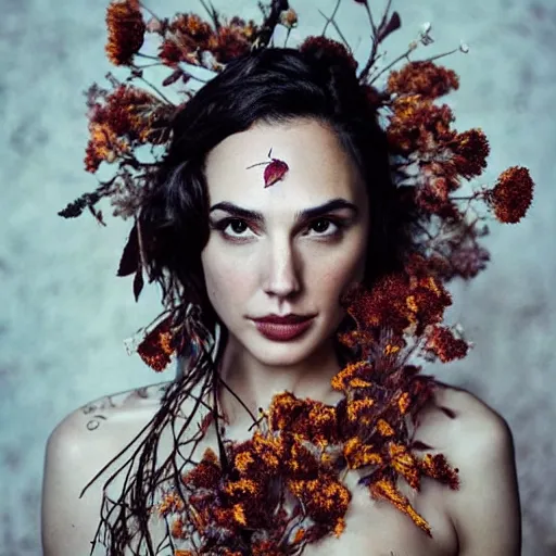 Image similar to full body fine art photo of the beauty gal gadot, she has a crown of dried flowers and is wearing a fashion conceptaul dress made of dried roses, taken by oleg oprisco