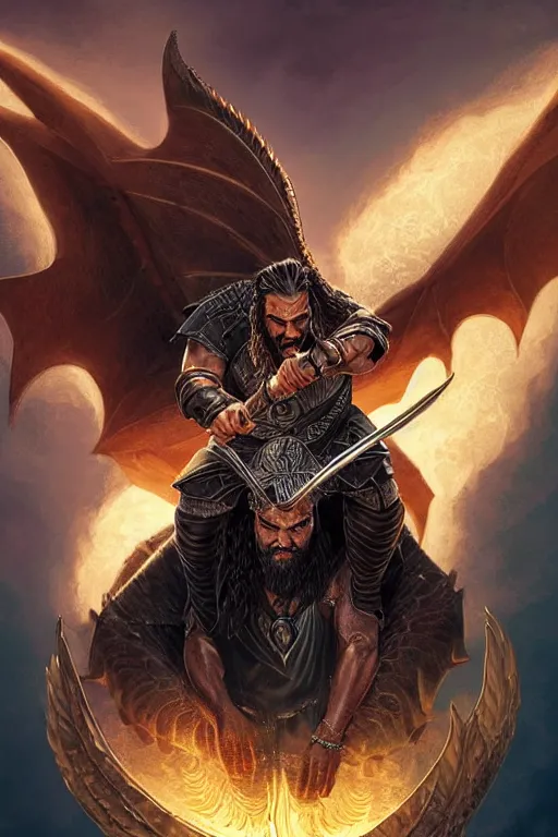 Image similar to powerful khal drogo ( jason momoa ) riding a flying dragon, intricate art deco dragon, elegant, highly detailed burning background, sword, sharp focus, game of thrones art by artgerm and beeple and greg rutkowski and wlop