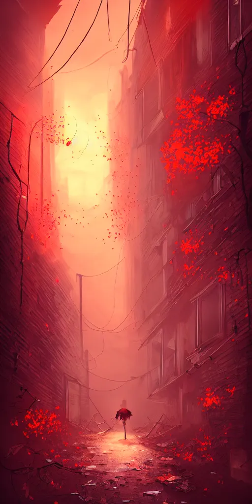 Image similar to abandoned apocalyptic old alley with a kid at the centre, trees and stars background, falling petals, epic red - orange sunlight, perfect lightning, illustration by niko delort,
