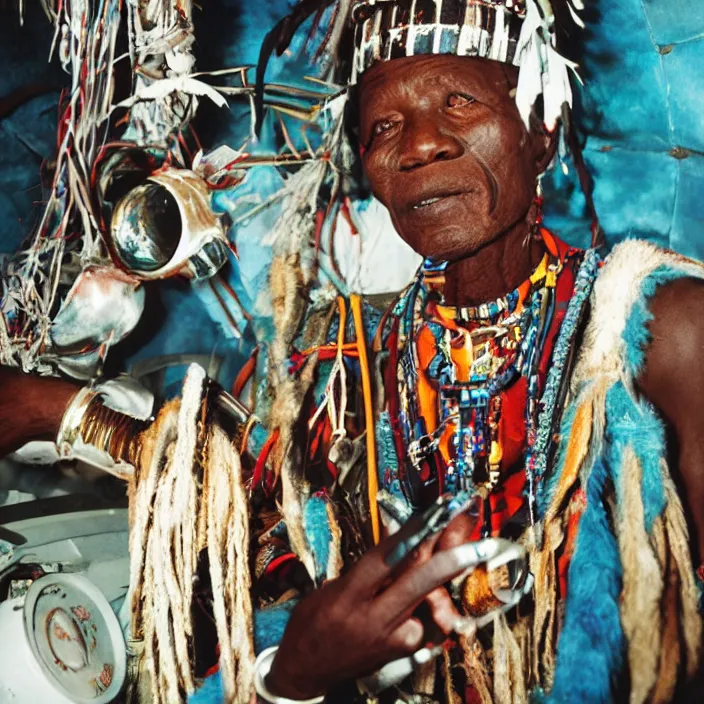 Prompt: analogue photo of an African tribal chief inside a spaceship, close-up, colour, photo shot by martha cooper, 35mm,