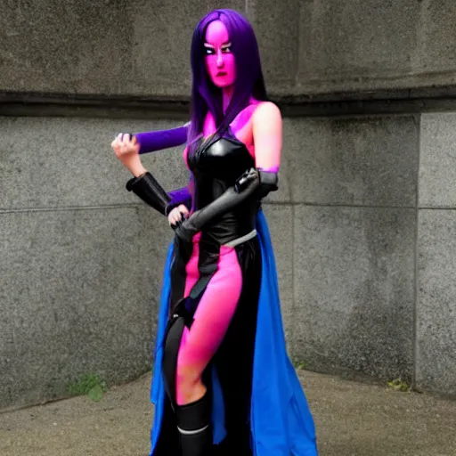 Image similar to a cosplayer dress as Psylocke, dark eerie photo, evil things