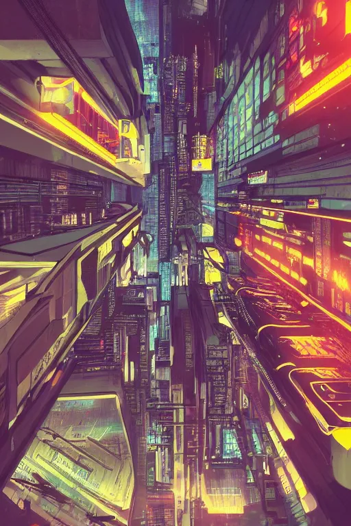 Image similar to cyberpunk buildings with a flight vehicle glowing in the sky, neon sign, bottom view ， bladerunner, pixiv