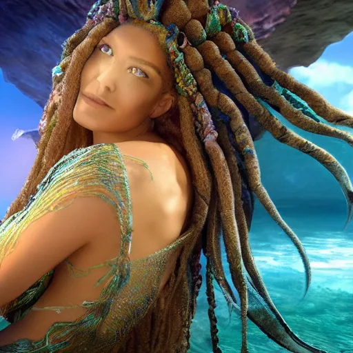 Image similar to unreal engine, octane render, intricate detail, gilbert williams portrait of tan sumerian mermaid goddess atargatis, with aqua neon rapunzel dreadlocks adorned in seashells, near crystal temple in atlantis, iridescent dolphins swimming in the sea, unicorn flying in the sky, paleozoic atlantis