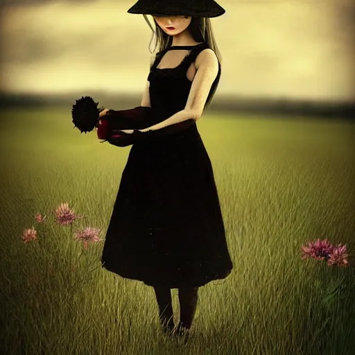 Image similar to a girl standing in a field, alone, wearing black dress and hat, doll in hand, detailed hands, by andrea kowch, dark, scene, magic realism, flowers, perspective