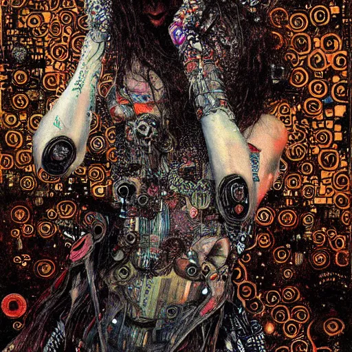 Image similar to depraved cybernetic demon tripping on lsd, circuitry, intricate detail, klimt, royo,