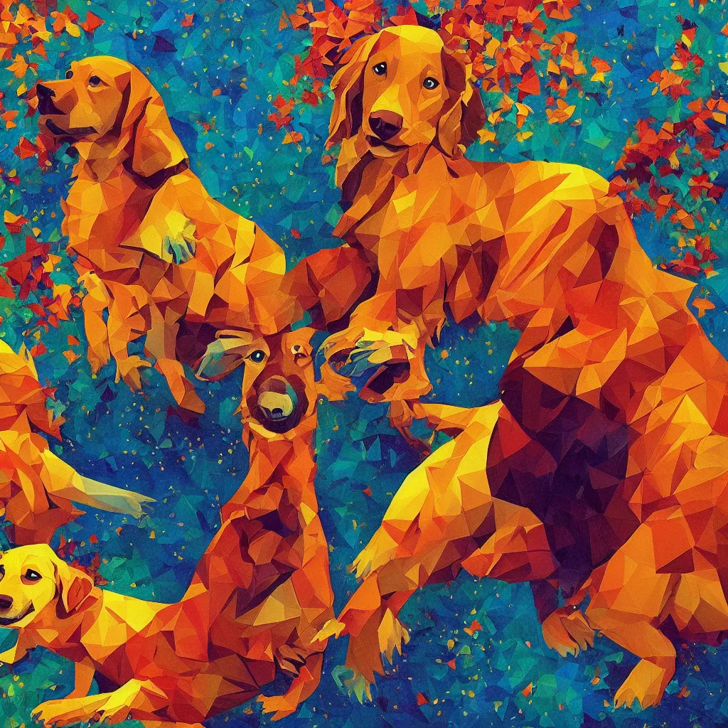 Prompt: low poly, pixar, love, love, golden retriever, golden retriever, golden retriever, magic realism, vivid colors by andy kehoe and amanda clarke y shamsia hassani