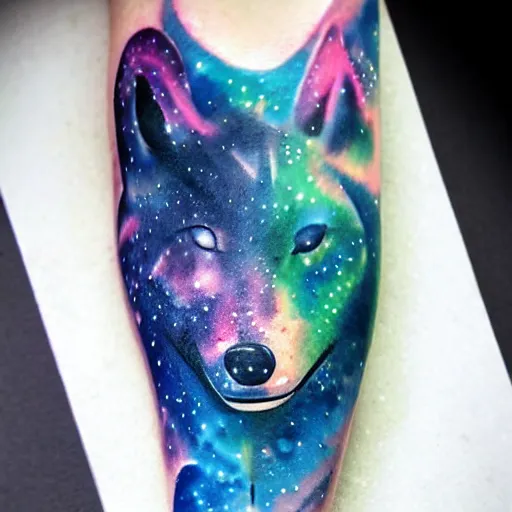 Image similar to A galaxy wolf shaped nebula watercolor tattoo, highly detailed,