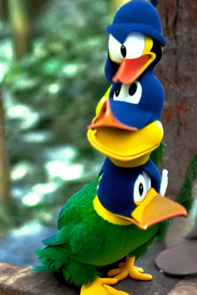 Image similar to donald duck as a green parrot in the harry potter universe