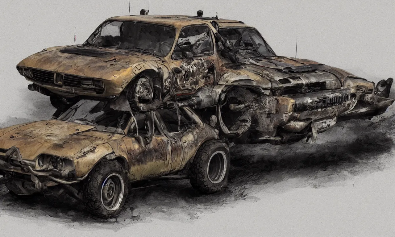 Prompt: a single Dacia 1310 in Mad Max, artstation, concept art