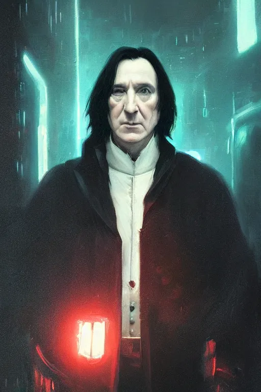 Image similar to portrait of severus snape in cyberpunk, neon lighting, night city, digital art from artstation by Ruan Jia and Mandy Jurgens and Artgerm and william-adolphe bouguereau and Greg Rutkowski