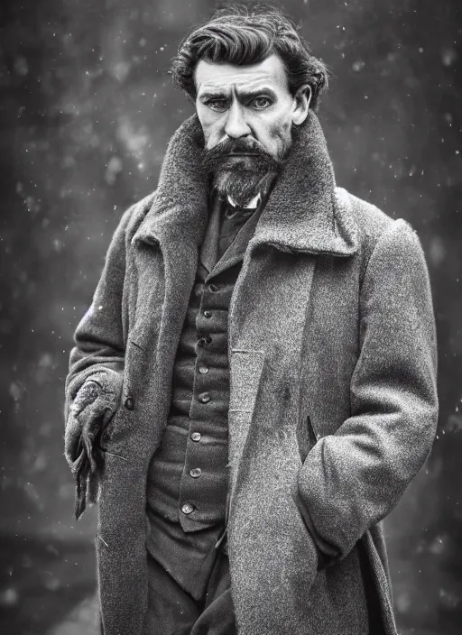 Prompt: portrait of a victorian man wearing a winter coat, highly detailed, fantasy, cinematic lighting, close up, realistic, photograph by elliott & fry