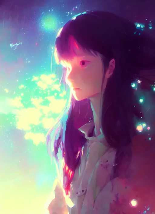 Image similar to portrait of cute girl, very psychedelic space background illustration concept art anime key visual trending pixiv fanbox by wlop and jeremy mann painting greg rutkowski and makoto shinkai and studio ghibli and kyoto animation