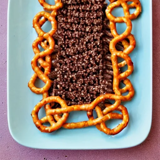 Prompt: A hedgehog made out of ground beef and pretzel sticks.