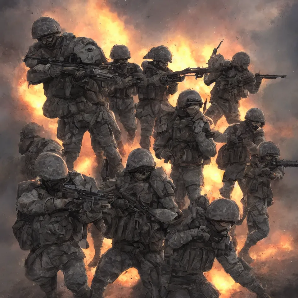 Prompt: firing attacking modern infantry soldiers artstation 4 k hd digital art