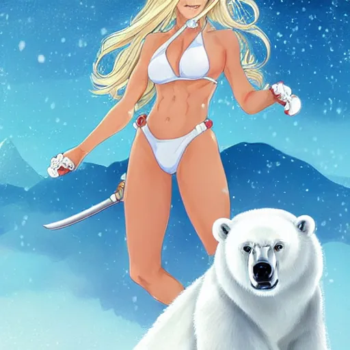 Image similar to bicolor - eyed blonde muscular anime girl warrior in bikini riding a polar bear in the snowy mountains background, digital painting, illustration by james jean and artgerm and mina petrovic and timothy kong and marina federovna, artstation