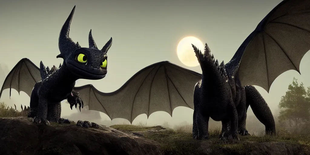 Image similar to photorealistic full shot of toothless at moonlight, high detail, unreal engine 4k volumetric light, fog,
