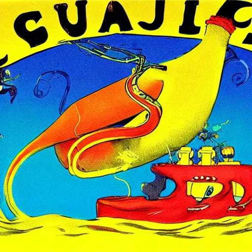 Image similar to A giant squid holding a yellow submarine, artist is Dr Seuss, vivid colors, kinetic, action shot,