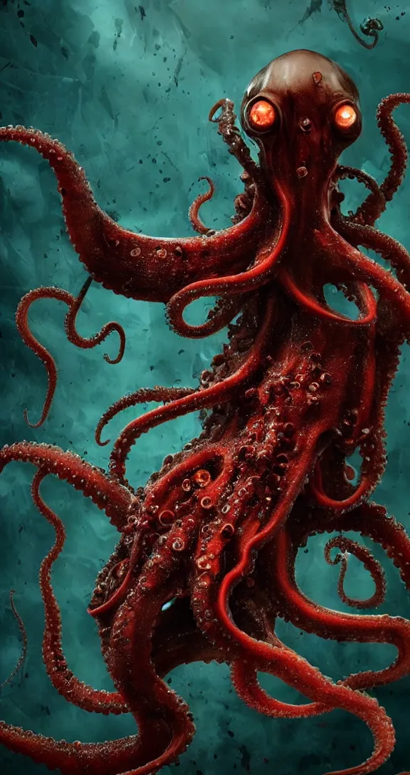 Prompt: very terrifying cenobite cephalopod squid octopus demon splattered with blood, full body portrait showing entire scary monster, brown bristle hair, neo-expressionistic, maximalist, horror monster masterpiece, trending on DeviantArt, 4K resolution, dark cinematic, hyperrealism, octane render, volumetric lighting, ultra-detailed, chiaroscuro, dark blue ocean background, deep underwater, in the style of Giger and Ralph Steadman and Da Vinci,