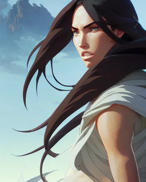 Image similar to azctec warrior, megan fox, detailed perfect face, exquisite details, fire magic, mid view, design on a white background, by studio muti, greg rutkowski makoto shinkai takashi takeuchi studio ghibli