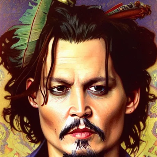 Image similar to full portrait of johnny depp as ace ventura, fantasy, d & d, intricate, detailed, by by alphonse mucha, adolfo hohenstein, alice russell glenny, stanley artgerm lau, greg rutkowski, detailed, trending on artstation, trending on artstation, smooth